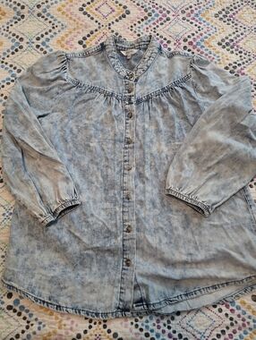 Womens 3/4 Sleeve Stonewash Acidwash Denim Button Down